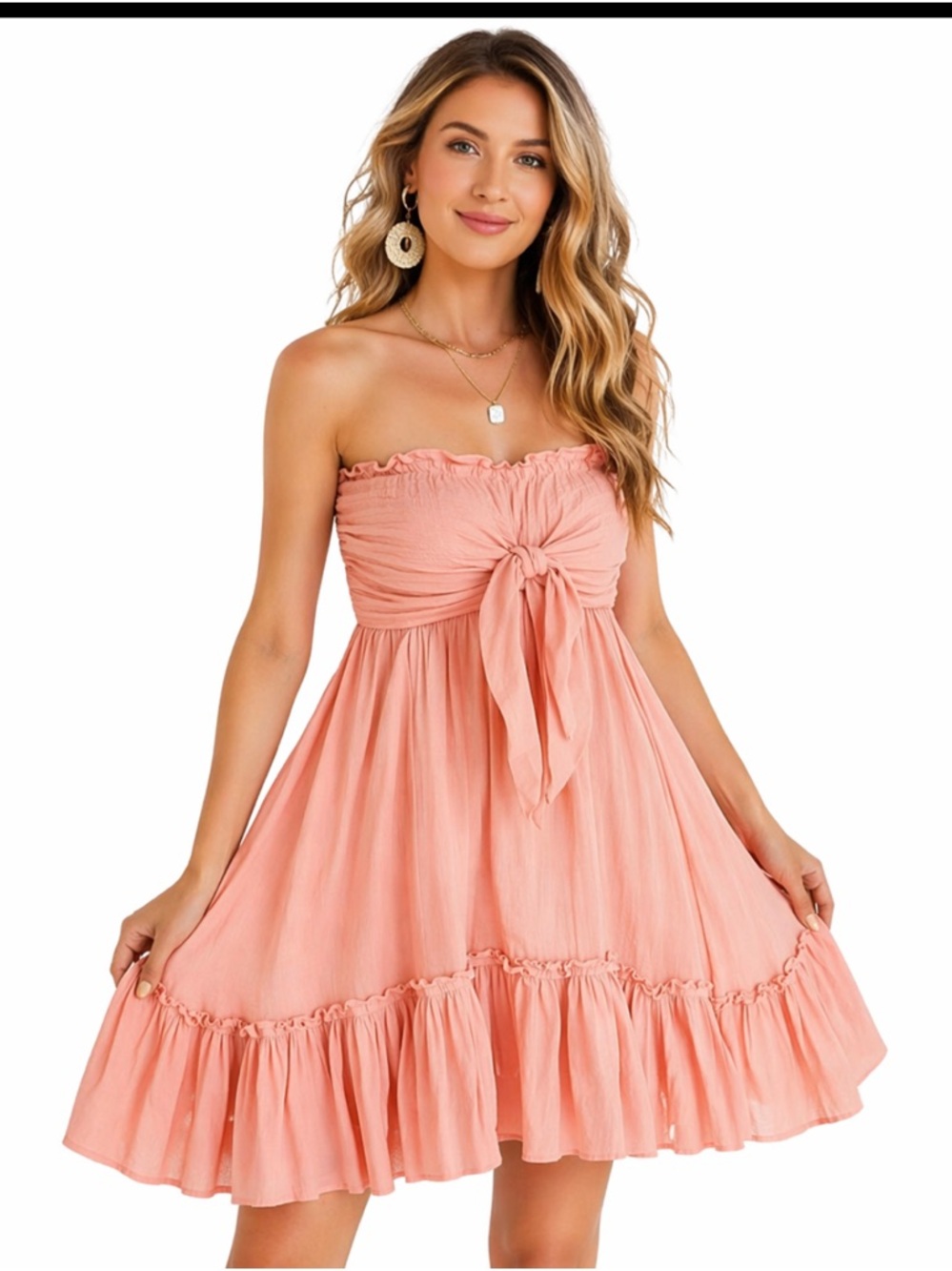 Amazon Coral Strapless Tie-Front Ruffle Mini Dress